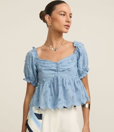 Blusa Peplum en Algodón con Bordado Floral y Manga Abullonada 3