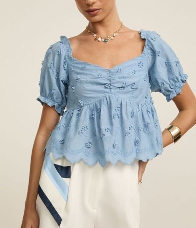 Blusa Peplum en Algodón con Bordado Floral y Manga Abullonada 4