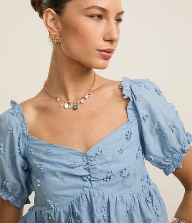 Blusa Peplum en Algodón con Bordado Floral y Manga Abullonada 5