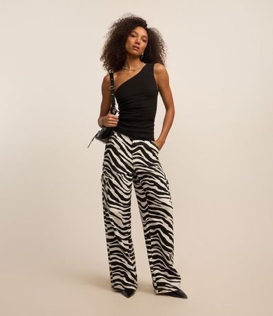 Pantalón Wide en Sarga con Estampa Animal Print de Zebra y Bolsillo Cargo