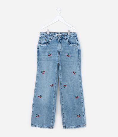 Pantalón Balloon Infantil en Jeans con Bordado de Cerezas - Talle 5 a 14 años