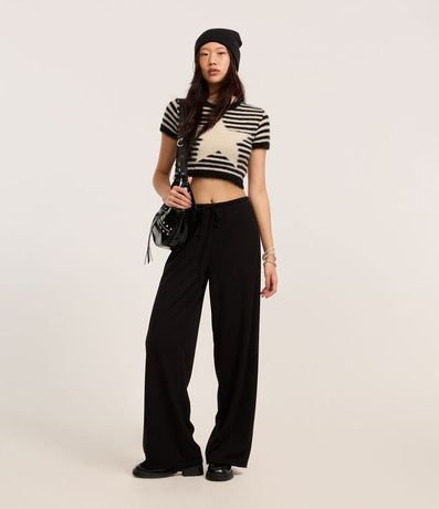 Pantalón Flare Acanalada con Lazo en la Cintura