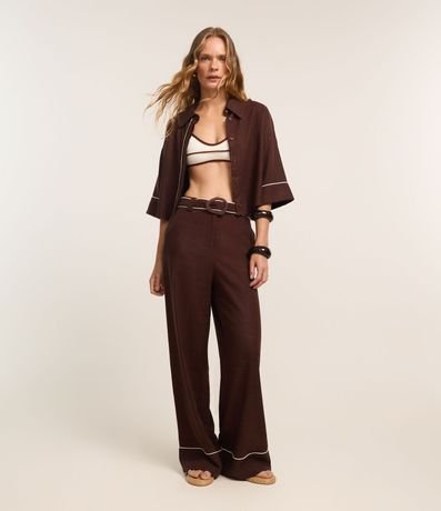 Pantalón Wide Leg Cintura Alta en Viscolino con Cinturón de Tejido 2