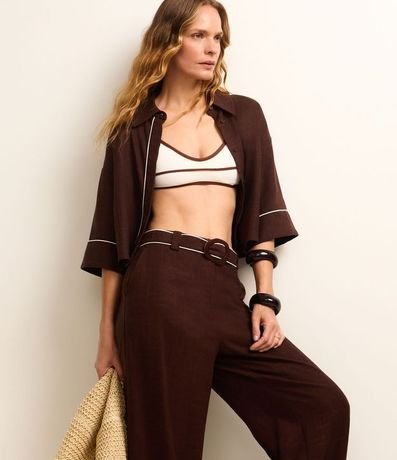 Pantalón Wide Leg Cintura Alta en Viscolino con Cinturón de Tejido 5