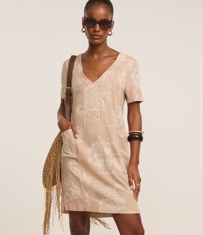 Vestido T-Shirt Corto en Viscolino con Estampa Follajes 2