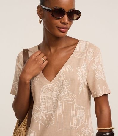 Vestido T-Shirt Corto en Viscolino con Estampa Follajes 4