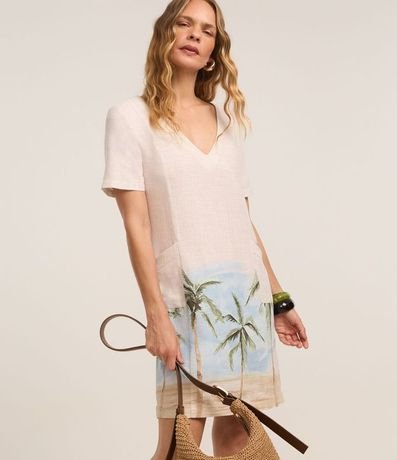 Vestido T-Shirt en Viscolino con Estampa Paisaje y Palmeras