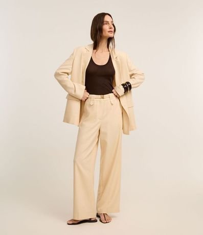 Pantalón Wide Leg Cintura Alta con Lino y Cinturón Elástico