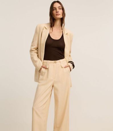 Pantalón Wide Leg Cintura Alta con Lino y Cinturón Elástico 2