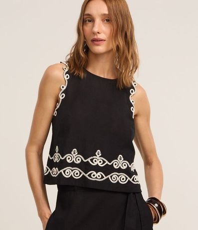 Blusa sin Manga en Viscolino con Bordados Contrastantes