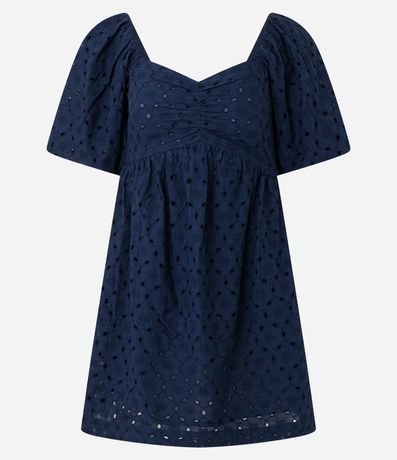 Vestido Corto en Laise con Bordado de Caracolas y Manga Abullonada