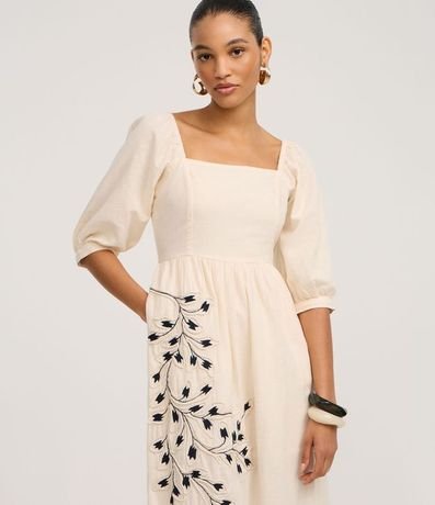 Vestido Evasê Midi en Algodón con Lino y Bordado follaje 2