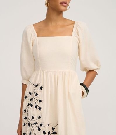 Vestido Evasê Midi en Algodón con Lino y Bordado follaje 4