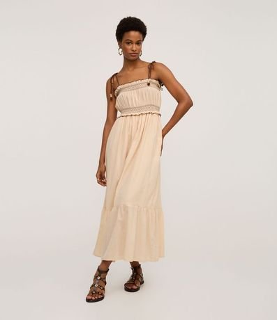 Vestido Largo en Algodón con Bordado y Lastex en el Busto