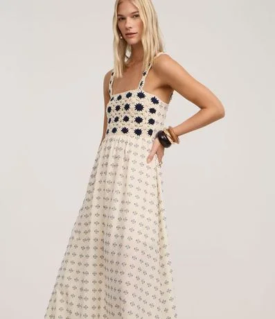 Vestido Evasê con Busto en efecto Ganchillo y Estampa Abstracta