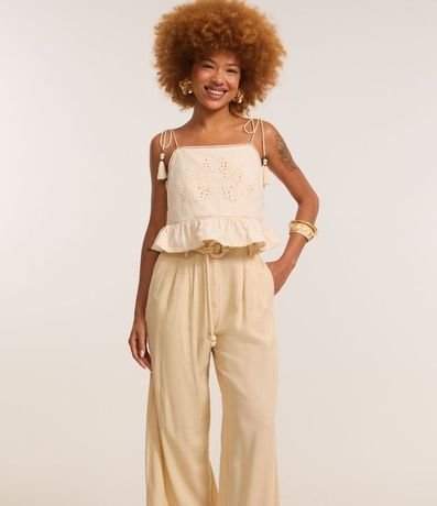 Pantalón Pantalona en Viscolino con Cinturón de Cordas con Hebilla de Adornos 2