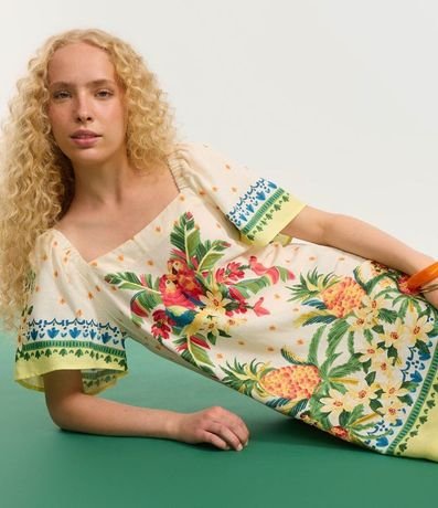 Vestido corto en Viscosa y Lino con Estampa de Tropical 4