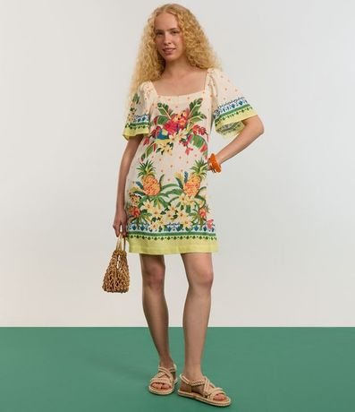 Vestido corto en Viscosa y Lino con Estampa de Tropical 5