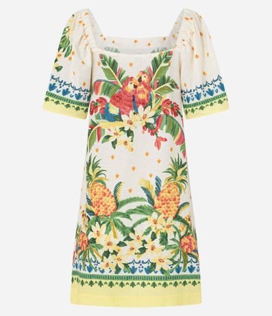 Vestido corto en Viscosa y Lino con Estampa de Tropical 7