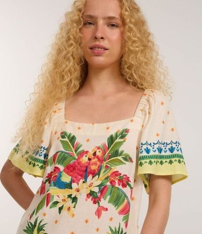 Vestido corto en Viscosa y Lino con Estampa de Tropical 3