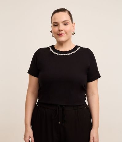 Blusa con Aplicación de Perlas y Strass en el Cuello Curve & Plus Size
