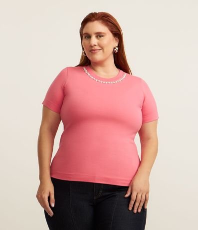 Blusa con Aplicación de Perlas y Strass en el Cuello Curve & Plus Size