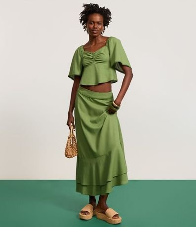 Pollera Long Midi en Viscolino con Abalorios en la Cintura y Volado Doble