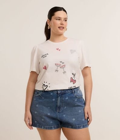 Blusa en Algodón con Manga Abullonada y Estampa Romántica Curve & Plus Size
