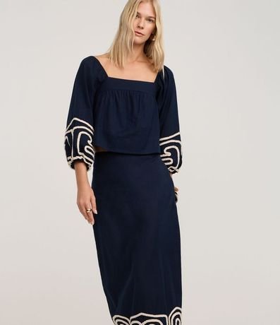 Pollera Recta Midi en Cambraia con Bordado en la Bajo 2