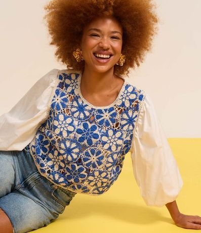Blusa Cropped con Manga Abullonada y Estampa Efecto Ganchillo Bicolor 5