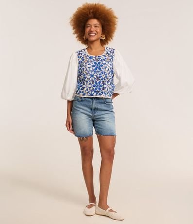 Blusa Cropped con Manga Abullonada y Estampa Efecto Ganchillo Bicolor 2