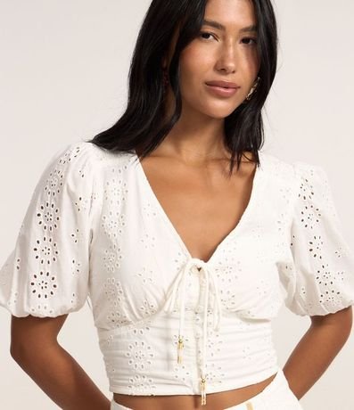 Blusa con Manga Abullonada Lazo y Abotonado con Textura Floral