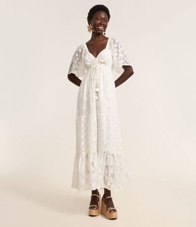 Vestido Largo en Crepé con Volados y Lazo Delantero con Borla