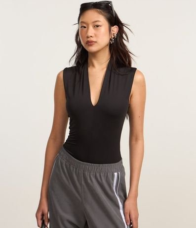 Body en Microfibra con Cuello Alto y Escote V