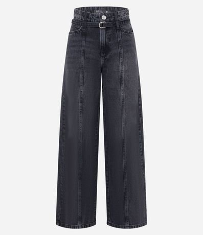 Pantalón Wide Leg en Jeans con Recorte y Cinturón con Hebilla