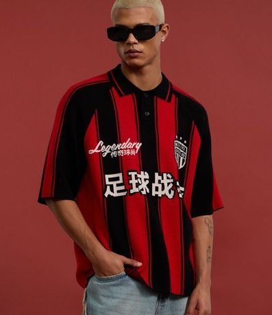 Camisa Polo Boxy Sportcore en Punto con Estampa Rayada y Lettering