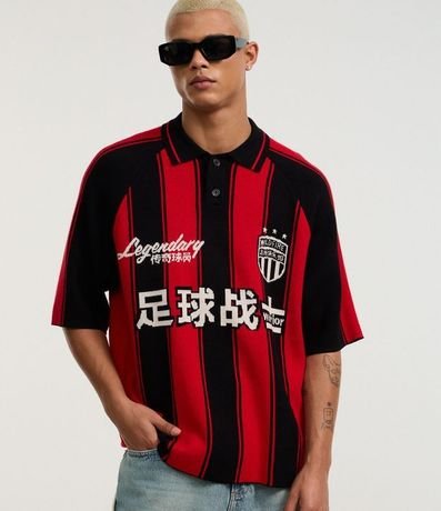 Camisa Polo Boxy Sportcore en Punto con Estampa Rayada y Lettering 7