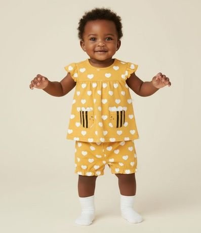 Conjunto Infantil con Estampa de Corazones y Abejas - Talle 0 a 18 Meses