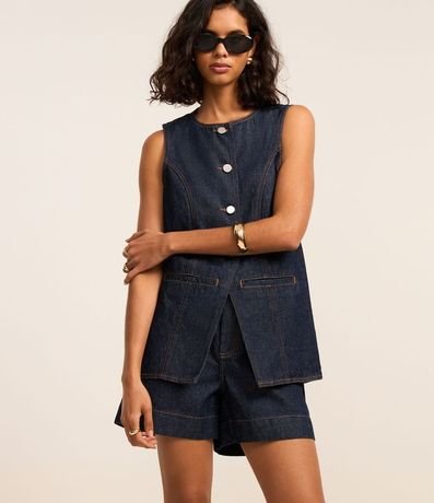 Chaleco Alargado en Jeans Cinturado con Botones