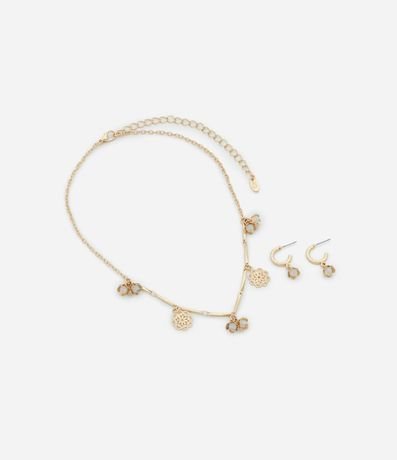 Conjunto de Collar Corto con Colgantes de Flores y Caravana Aro con Colgante 2