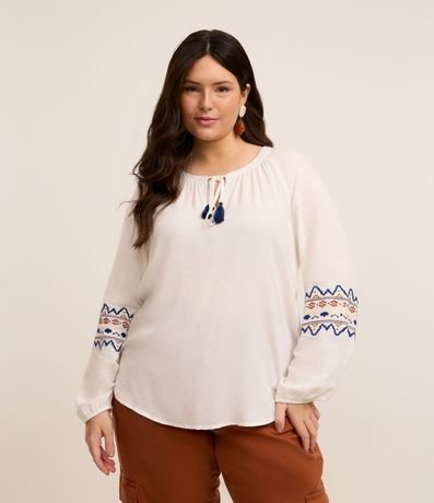 Blusa Bata en Viscosa con Estampa Étnica y Borla Curve & Plus Size