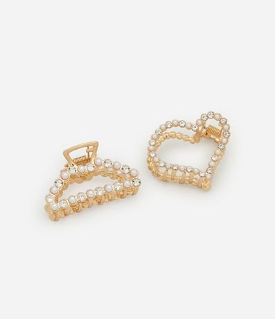 Kit 02 Pinza para el pelo Ahuecada Media Luna y Corazón con Strass y Perla Artificial