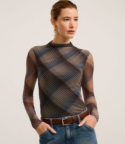 Blusa en Tul con Cuello Alto y Estampa de Cuadros 4