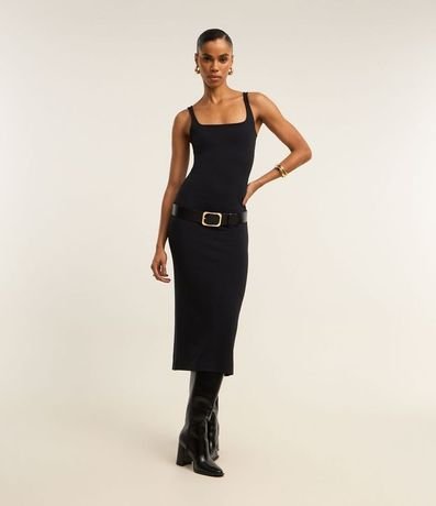 Vestido Midi Musculosa y Punto Roma con Escote Cuadrado 2