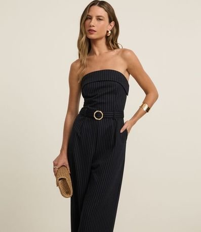 Mono Sin Bretel Listrado con Hilo Teñido y Cinturón de Tejido 1