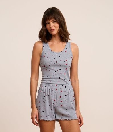 Pijama Short Doll en Rib con Estampa de Corazones