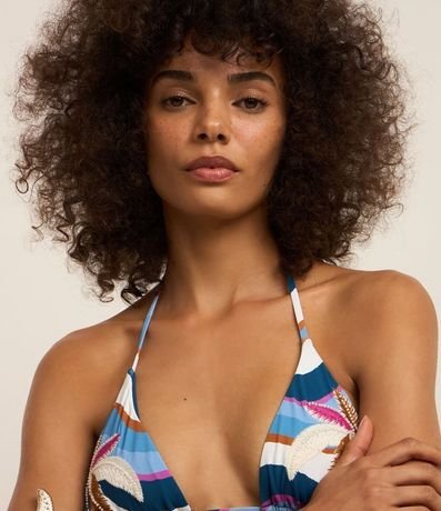 Bikini Top Triangular Fruncido con Estampa Ondulada y Bordado de Follaje 3