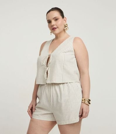 Short en Viscolino Listrado con Lazo en la Cintura y Bolsos Curve & Plus Size