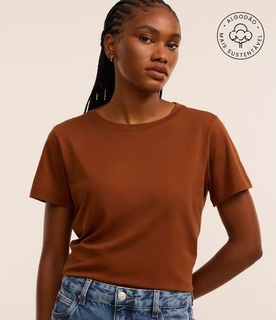 Blusa Alargada Básica en Algodón con Cuello Redondo y Manga Corta