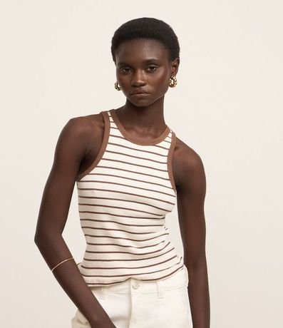 Musculosa en Rib Rayada con Bies Contrastante